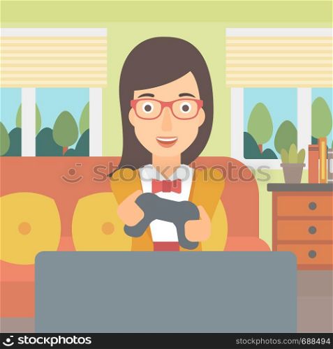 An enthusiastic woman with gamepad in hands on the background of living room vector flat design illustration. Square layout.. Woman playing video game.