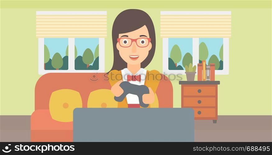 An enthusiastic woman with gamepad in hands on the background of living room vector flat design illustration. Horizontal layout.. Woman playing video game.