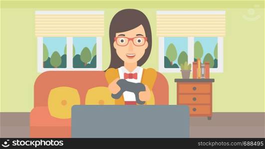 An enthusiastic woman with gamepad in hands on the background of living room vector flat design illustration. Horizontal layout.. Woman playing video game.