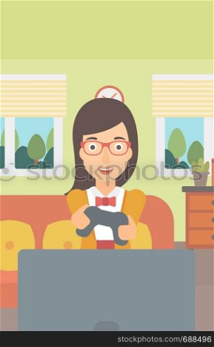 An enthusiastic woman with gamepad in hands on the background of living room vector flat design illustration. Vertical layout.. Woman playing video game.