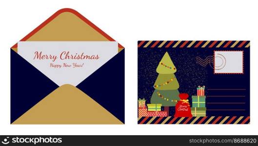 An envelope with a postcard and the inscription Merry Christmas and New Year. An envelope with a picture of gift boxes at the Christmas tree. Vector illustration. An envelope with a postcard and the inscription Merry Christmas and New Year. An envelope with a picture of gift boxes at the Christmas tree. Vector illustration.