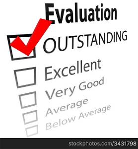 An evaluation for job performance or a grade report card with a 3D check mark in the OUTSTANDING box.