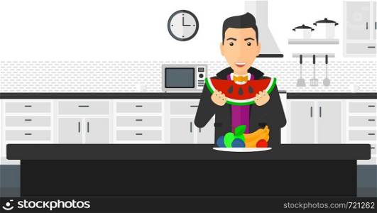 An excited man eating watermelon while standing in the kitchen in front of table full of organic healthy food vector flat design illustration. Horizontal layout.. Man eating watermelon.