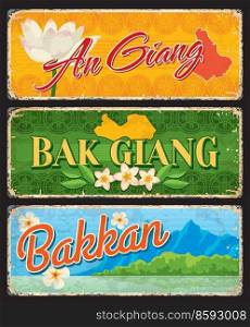 An Giang, Bak Giang and Bakkan Vietnamese travel stickers and plates, vector tin signs. Vietnam regions and province landmarks, maps and emblems. Vietnamese travel luggage tags or metal plates. An Giang and Bak Giang, Bakkan travel stickers