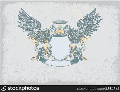 An heraldic shield or badge, blank so you can add your own images. Grunge background . Vector illustration.