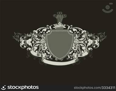 An heraldic shield or badge, blank so you can add your own images . Vector illustration. Black background .