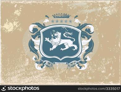 An heraldic shield or badge with lion on grunge background . Vector illustration.