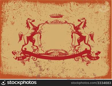 An heraldic shield or badge with stylized horse on it. Grunge background. Vector illustration.