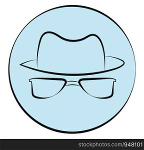 An icon of hat and glasses put together with blue background, vector, color drawing or illustration.