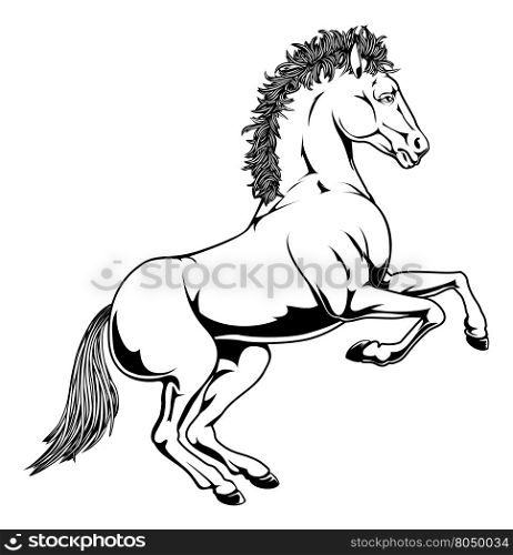 An illustration of a black and white monochrome horse rearing on its hind legs