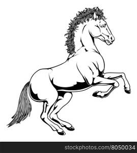 An illustration of a black and white monochrome horse rearing on its hind legs