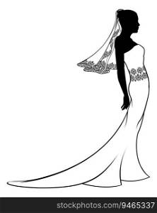 An illustration of a bride in her wedding dress in silhouette. Bride wedding dress silhouette