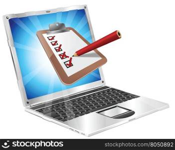 An illustration of a clipboard with pencil marking on it coming out of laptop screen. Perhaps an online survey, opinion poll, or inspection document