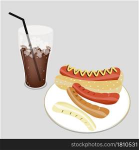 An Illustration of A Glass of Iced Coffee or Cola Dink and Delicious Grilled Hot Dog with Mustard and Wheat Bun