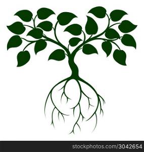 An illustration of a green tree graphic with long roots. Green tree