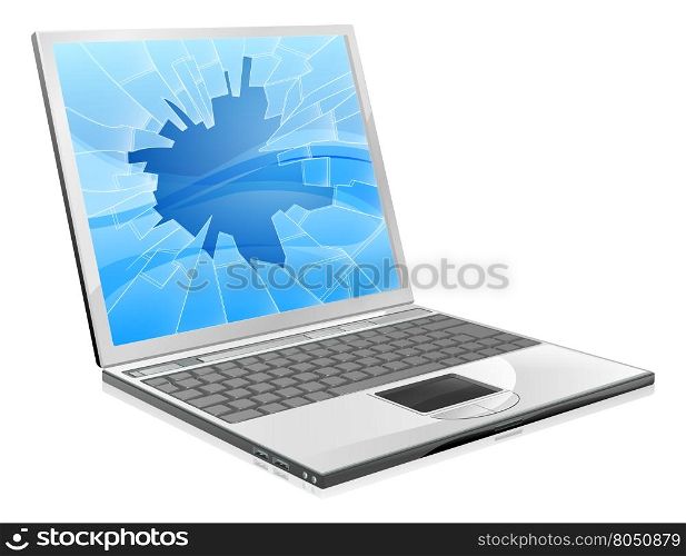 An illustration of a laptop with a smashed or broken screen &#xA;