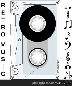 An illustration of a old fashioned cassette and music notes