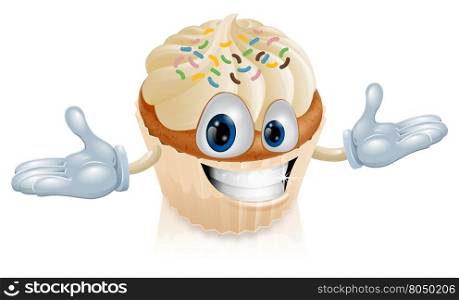 An illustration of a smiling cup cake mascot