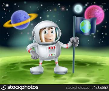 An illustration of an outer space cartoon background with a cute cartoon astronaut planting an earth flag on an alien world. Astronaut Outer Space Cartoon