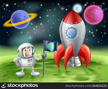 An illustration of an outer space cartoon background with a cute cartoon astronaut planting an earth flag on an alien world with his shiny vintage rocket. Cartoon astronaut and vintage rocket