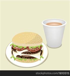 An Illustration of Delicious Double Cheese Burgery with Lettuce, Tomato, Onions and Cheese on Wheat Buns with Take Away Coffee