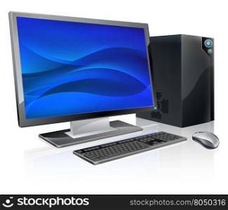An illustration of desktop PC computer workstation. Monitor, mouse keyboard and tower