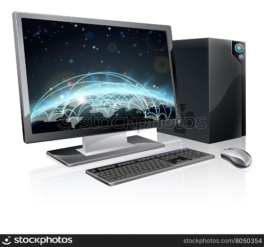 An illustration of desktop PC computer workstation with world globe on the screen. Monitor, mouse keyboard and tower