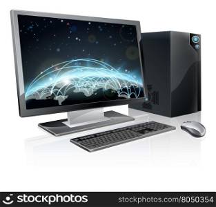 An illustration of desktop PC computer workstation with world globe on the screen. Monitor, mouse keyboard and tower