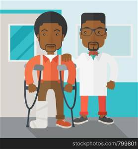 An injured african-american man on crutches standing with a doctor vector flat design illustration. Square layout.. Injured man with doctor.