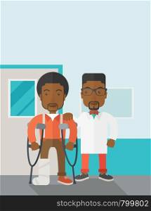 An injured african-american man on crutches standing with a doctor vector flat design illustration. Vertical poster layout with a text space.. Injured man with doctor.