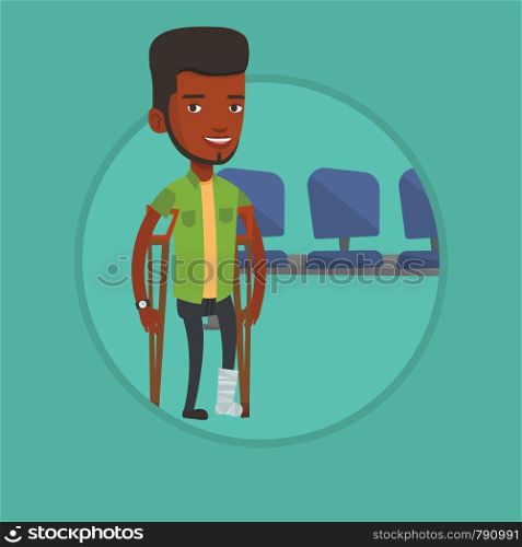 An injured african-american man with leg in plaster. Smiling man with broken leg using crutches. Young man with fractured leg. Vector flat design illustration in the circle isolated on background.. Man with broken leg and crutches.