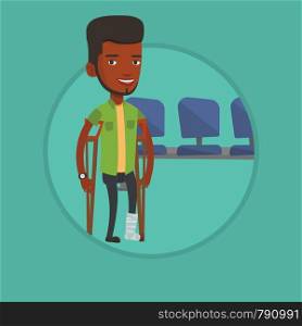 An injured african-american man with leg in plaster. Smiling man with broken leg using crutches. Young man with fractured leg. Vector flat design illustration in the circle isolated on background.. Man with broken leg and crutches.