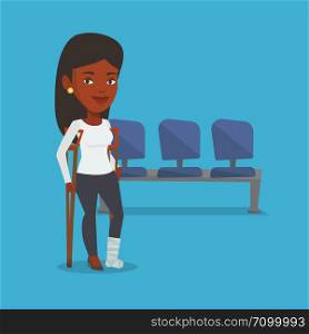 An injured african-american woman with leg in plaster. Young woman with broken leg using crutches. Smiling woman with fractured leg. Vector flat design illustration. Square layout.. Woman with broken leg and crutches.