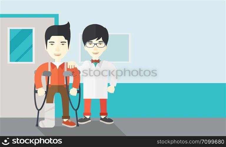 An injured asian man on crutches standing with a doctor vector flat design illustration. Horizontal layout with a text space.. Injured man with doctor.