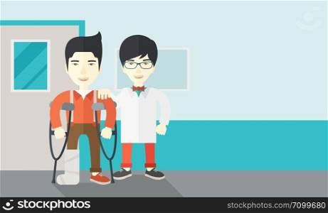 An injured asian man on crutches standing with a doctor vector flat design illustration. Horizontal layout with a text space.. Injured man with doctor.