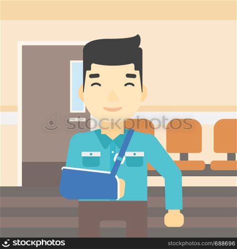 An injured asian man with broken right arm in brace standing in the hospital corridor. Smiling man wearing an arm brace. Vector flat design illustration. Square layout.. Injured man with broken arm vector illustration.
