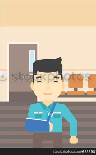An injured asian man with broken right arm in brace standing in the hospital corridor. Smiling man wearing an arm brace. Vector flat design illustration. Vertical layout.. Injured man with broken arm vector illustration.