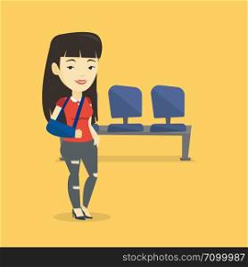 An injured asian woman wearing an arm brace. Young smiling woman standing with her broken right arm. Cheerful woman with broken arm in a cast. Vector flat design illustration. Square layout.. Injured woman with broken arm vector illustration.