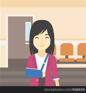An injured asian woman with broken right arm in brace standing in the hospital corridor. Smiling woman wearing an arm brace. Vector flat design illustration. Square layout.. Injured woman with broken arm vector illustration.