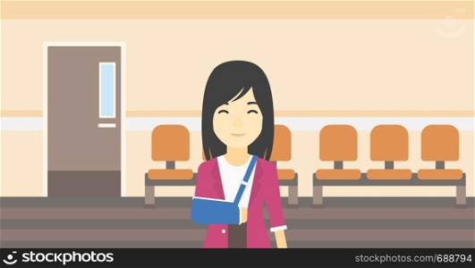 An injured asian woman with broken right arm in brace standing in the hospital corridor. Smiling woman wearing an arm brace. Vector flat design illustration. Horizontal layout.. Injured woman with broken arm vector illustration.