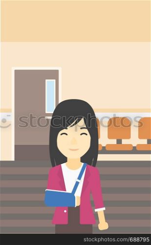 An injured asian woman with broken right arm in brace standing in the hospital corridor. Smiling woman wearing an arm brace. Vector flat design illustration. Vertical layout.. Injured woman with broken arm vector illustration.