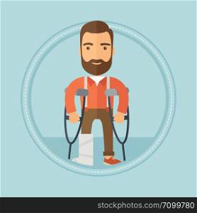 An injured caucasian hipster man with the beard standing on crutches. Young man with broken leg in bandages using crutches. Vector flat design illustration in the circle isolated on background.. Man with broken leg and crutches.