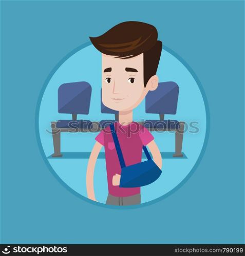 An injured caucasian man wearing an arm brace. Young man with his broken right arm in hospital. Man with broken arm in a cast. Vector flat design illustration in the circle isolated on background.. Injured man with broken arm vector illustration.