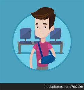 An injured caucasian man wearing an arm brace. Young man with his broken right arm in hospital. Man with broken arm in a cast. Vector flat design illustration in the circle isolated on background.. Injured man with broken arm vector illustration.