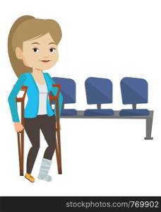 An injured caucasian woman with leg in plaster. Young woman with broken leg using crutches. Smiling woman with fractured leg. Vector flat design illustration isolated on white background.. Woman with broken leg and crutches.