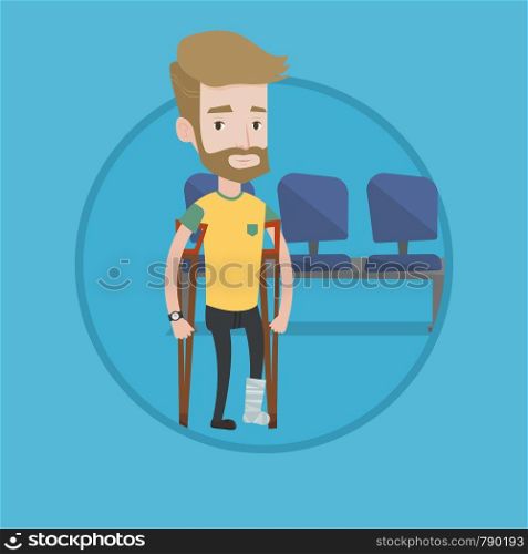 An injured hipster man with beard with leg in plaster. Caucasian man with broken leg using crutches. Young man with fractured leg. Vector flat design illustration in the circle isolated on background.. Man with broken leg and crutches.