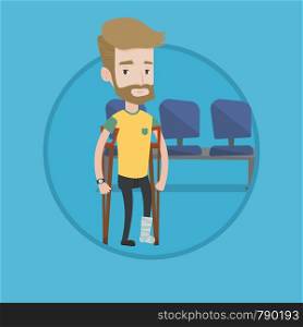 An injured hipster man with beard with leg in plaster. Caucasian man with broken leg using crutches. Young man with fractured leg. Vector flat design illustration in the circle isolated on background.. Man with broken leg and crutches.