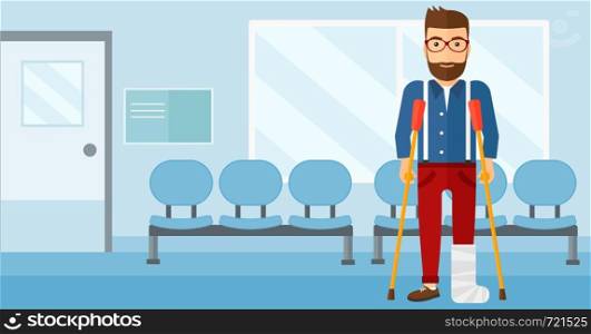 An injured hipster man with broken leg standing with crutches on the background of hospital corridor vector flat design illustration. Horizontal layout.. Patient with broken leg.