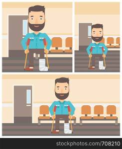 An injured hipster man with leg in plaster using crutches while standing in the hospital corridor. Vector flat design Illustration. Square, horizontal, vertical layouts.. Man with broken leg and crutches.