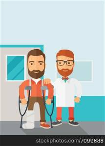 An injured man in crutches assisted by a doctor. Safety concept. Contemporary style with pastel palette, soft blue tinted background. Vector flat design illustrations. Vertical layout with text space on top part.. Injured man assisted by a doctor.